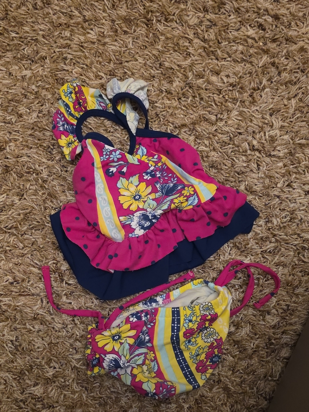 Girls Floral Pink and Yellow Ruffle Bikini Set